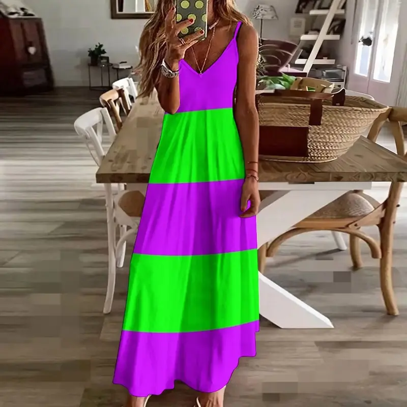 Vestido de novia de neón púrpura y verde con rayas horizontales anchas #2, vestido sin mangas, ropa elegante para invitados, ropa femenina