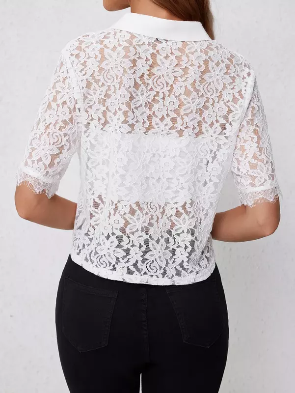 2024 Spring/Summer New Women's Fashion Elegant Lace Edge Shirt Solid Color Lapel Hollow Pattern Embroidered Long sleeved Top
