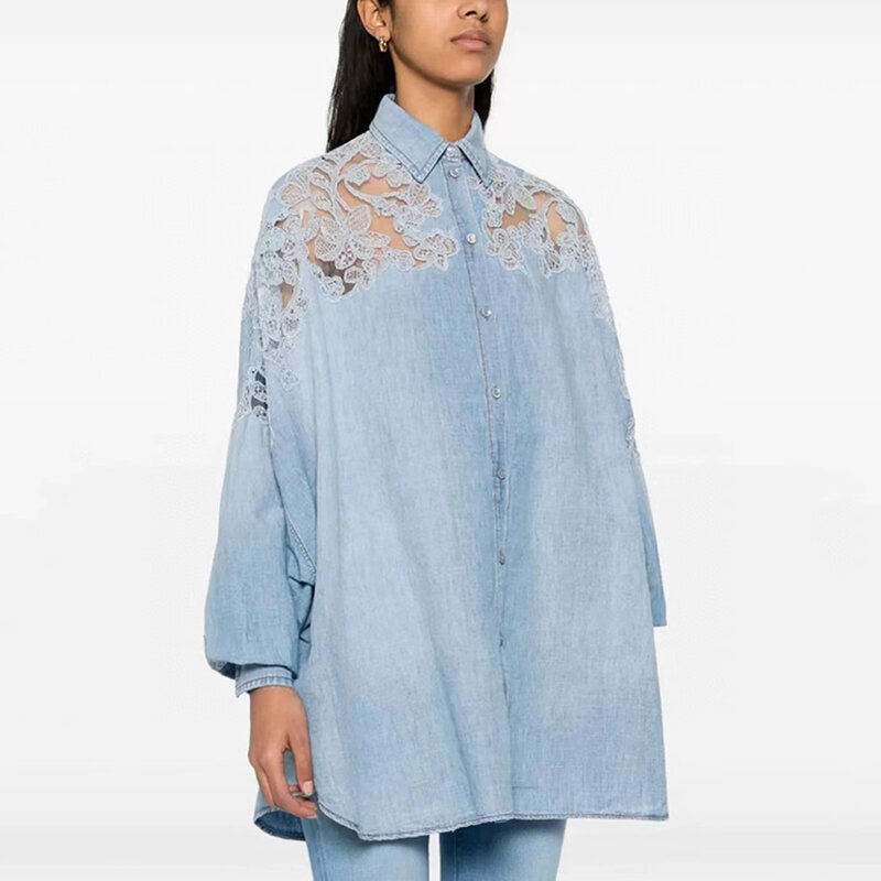 Women's Lace Splicing Washed Denim Shirt, Customized Water-soluble Plate Flower, Loose Casual Top, 2024 Summer New, Y2K