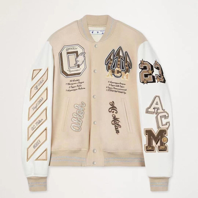 OW 레터 자수 가죽 스티칭 야구 유니폼 재킷 남녀공용, 커플 재킷 의상, 최고 품질, 2024 신상