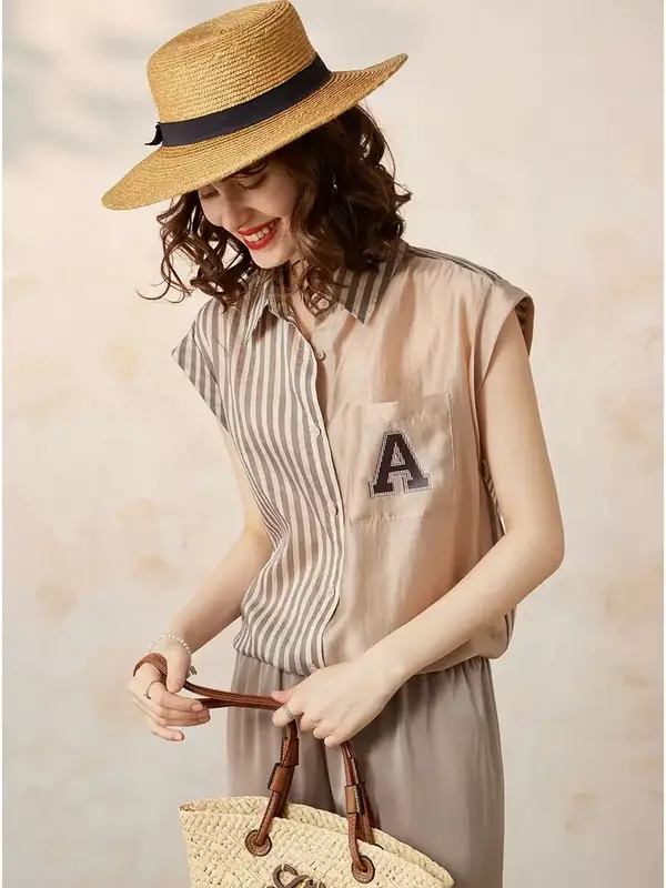 LOUIS YAO Women Shirt Print Letter Stripe Blouses 2024 Summer New Elegant Turn Down Collar Short Sleeve Thin Shirt Top