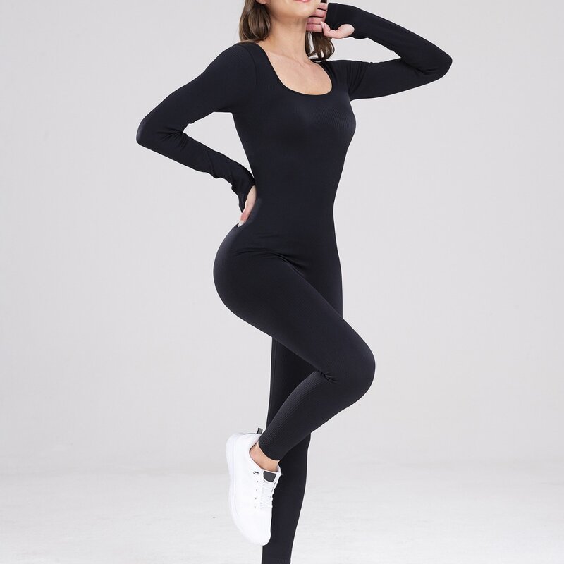 European and American seamless yoga jumpsuit sports outdoor fitness long-sleeved tight jumpsuit square neckline one-piece body