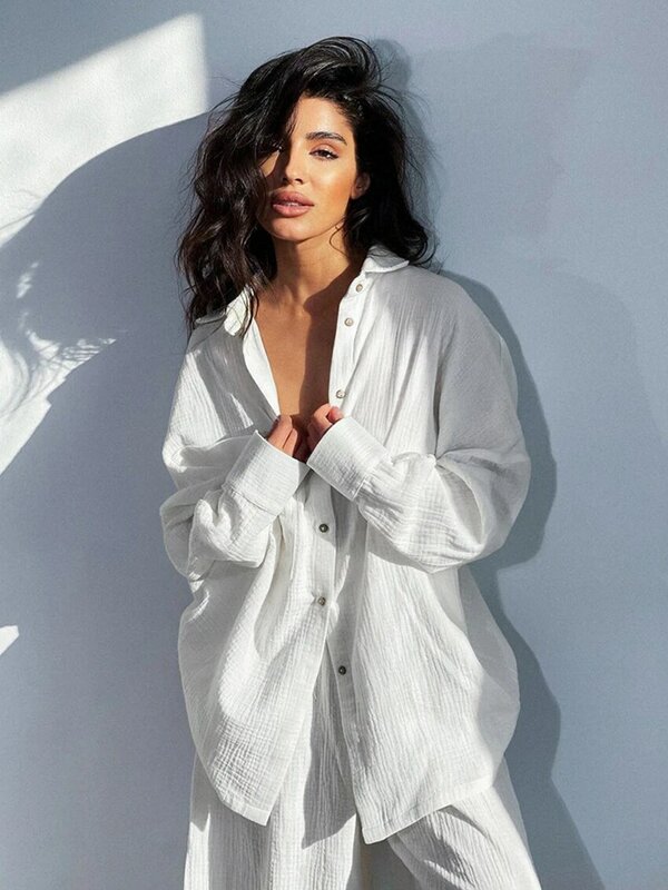 Marthaqiqi-Camisolas de algodão branco para mulheres, terno de pijama feminino, manga comprida, gola virada para baixo, calças de pijama, camisola feminina, conjunto de 2 peças