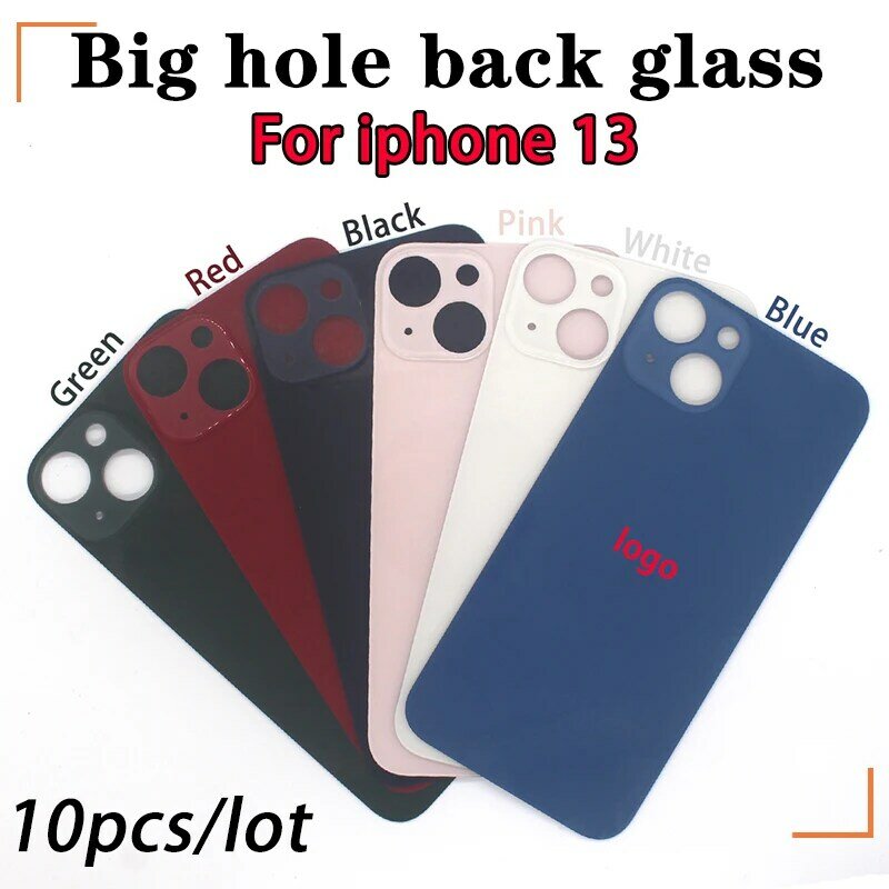 Vidro traseiro para iPhone 13 Mini, tampa da bateria, cor original com logotipo, casca traseira, vidro traseiro grande furo, iPhone 13 Pro Max, 10 Pçs/lote
