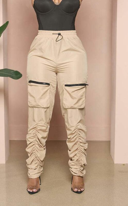 Calça comprida de cintura alta feminina, design de bolso com zíper, casual com cordão liso, streetwear diário, moda verão, 2023