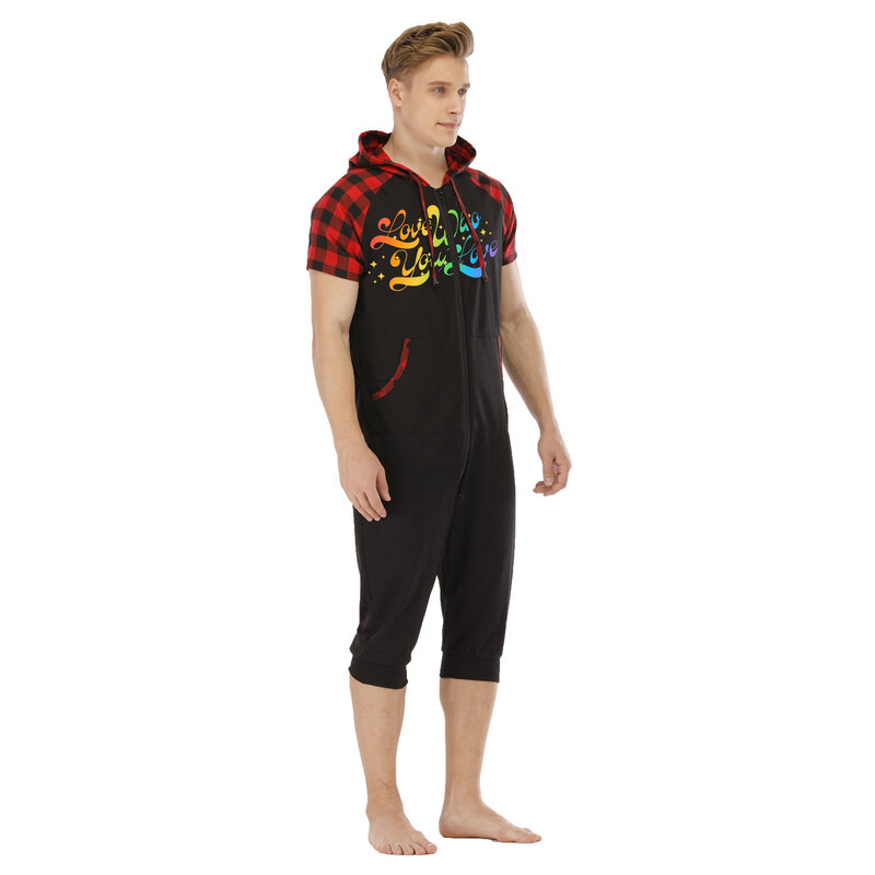 Setelan Pakaian Tidur Pria Lengan Pendek Motif Hitam Musim Panas Kostum Pakaian Tidur Dewasa Piyama Bertudung