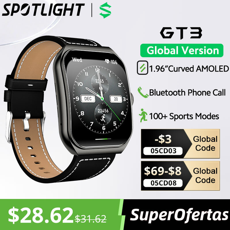 [Wereldpremière] Wereldwijde Versie Blackshark Gt3 Smart Watch ''1.96'' Gebogen Amoled Display Ondersteunt Bluetooth Call 100 + Sportmodi