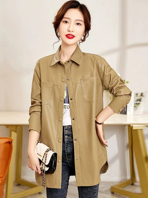 New Women Spring Autumn Shirt Style Leather Coat Casual Fashion Turn-down Single Breasted Simplicity Loose Jacket Split Leather