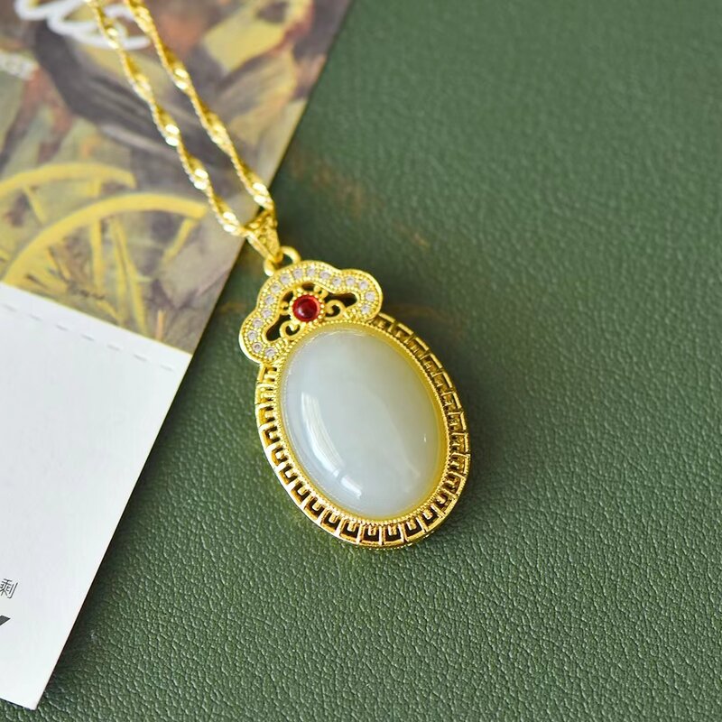Colgante de Jade blanco de Hetian Natural para mujer, cadena de clavícula elegante, collar, colgantes de joyería, encanto fino, joyería de piedras preciosas