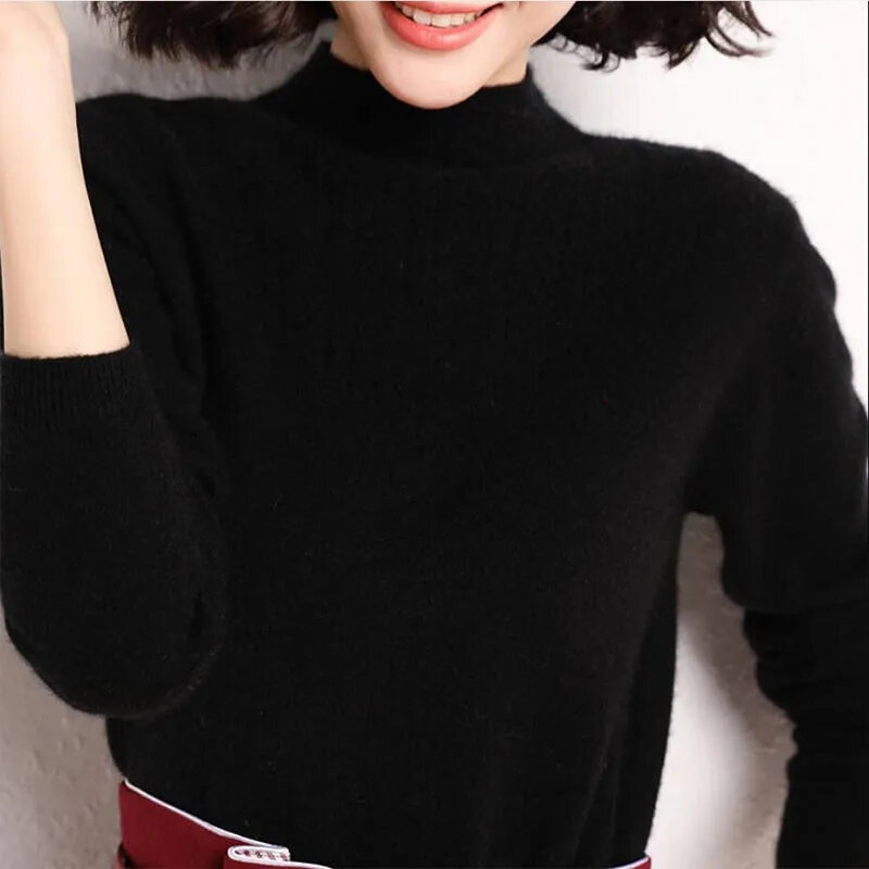 Women Knitting Pullover Sweater New Long Sleeve Bottom Shirt Slim Half Turtleneck Sweaters Autumn Winter Soft Blouse Jumper Tops