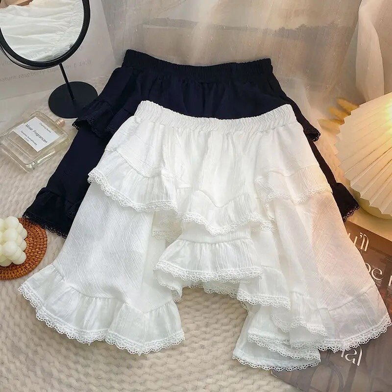 Deeptown-Mini-saia feminina de babados irregulares, saias kawaii, estilo japonês, doce patchwork, saia curta preta casual elegante, branca