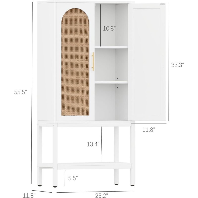 Rattan Tall Cabinet with 2 Doors, Bathroom Storage Cabinet with Adjustable Shelf & Open Bottom Shelf, Free Standing Cabinet for