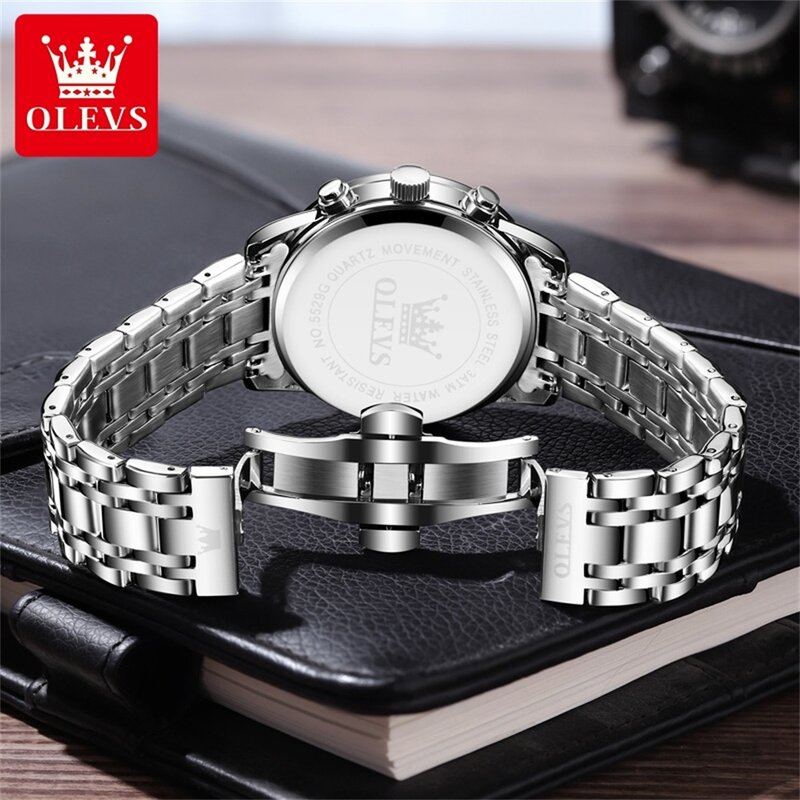 OLEVS jam tangan pria, Multifungsi asli, jam tangan kronograf kuarsa fase bulan tahan air trendi untuk pria