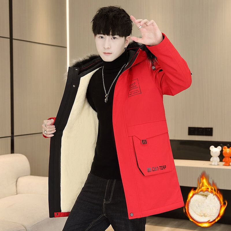 Winter Fashion Male Fleece-lined Thickened Cotton-Padded Coat Men Mid-Length Loose Hooded Warm Outwear Casual Large Size Parkas