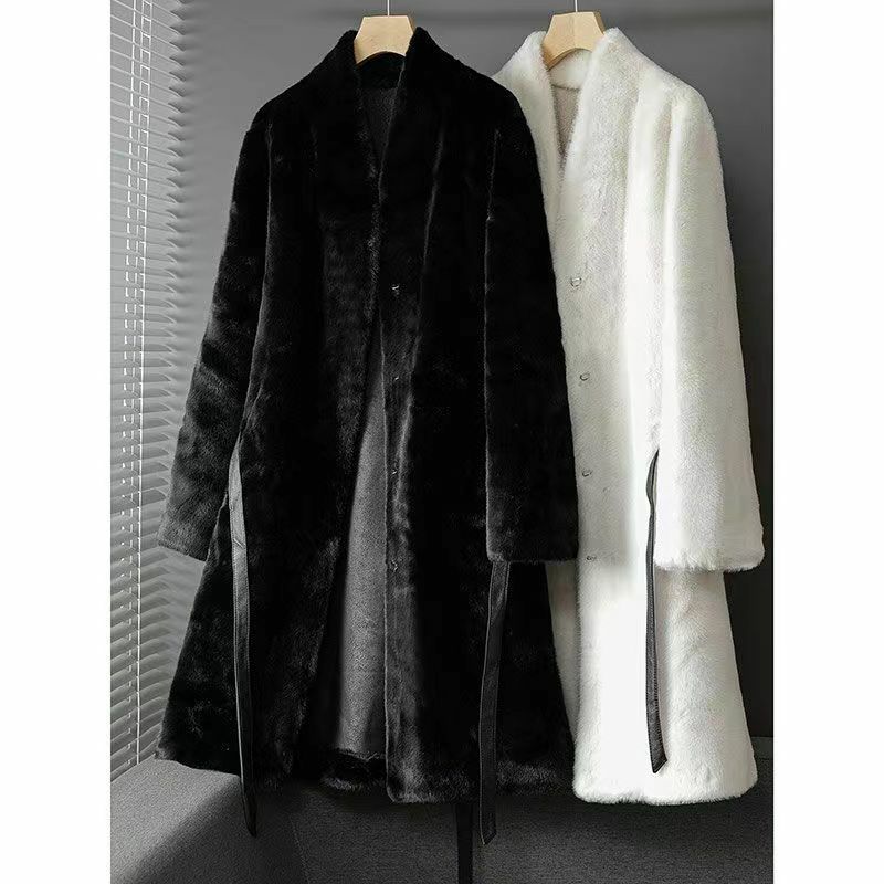 Женское пальто из искусственного меха норки, средней длины, с V-образным вырезом, утолщенное, модное, универсальное, приталенное, темпераментное, зимнее пальто
