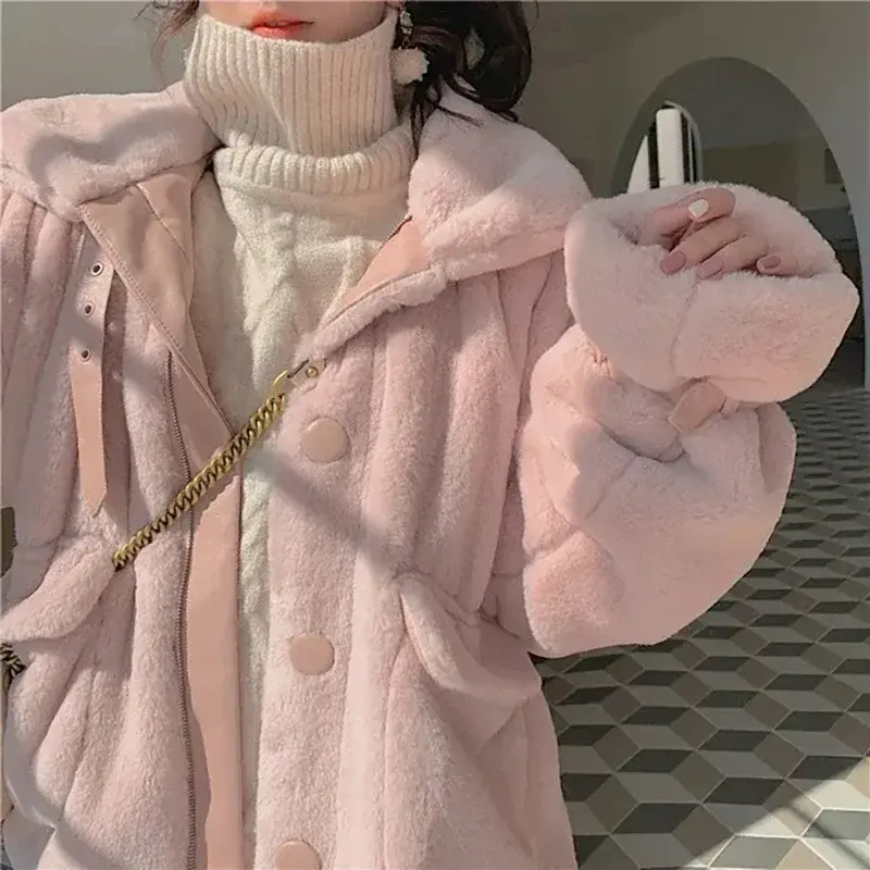 여성용 모조 모피 재킷, 따뜻한 오버코트, 한국 단색 스위트 싱글 브레스트 포켓 코트, 핑크 화이트 파카, 가을 겨울 패션