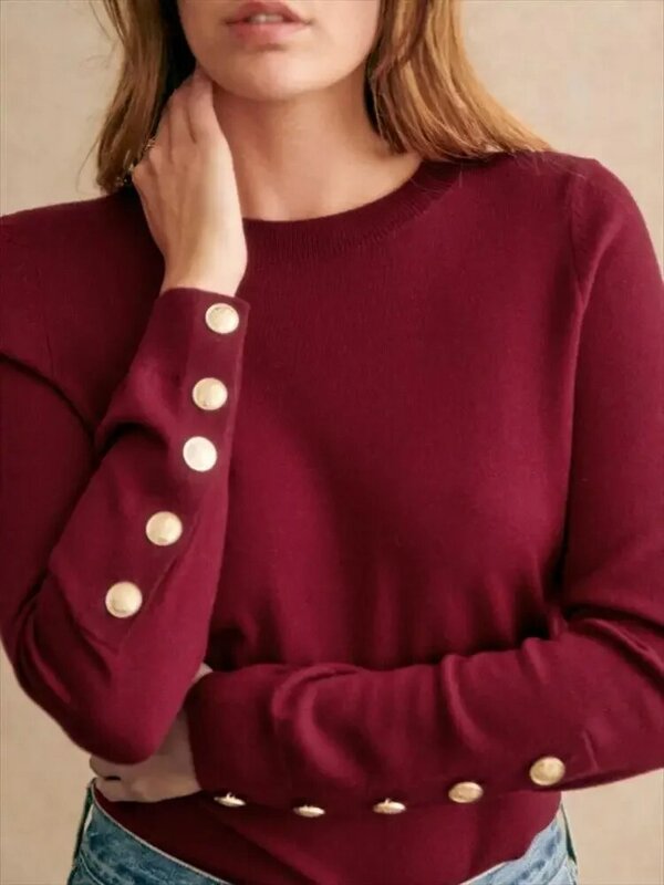 Suéter ajustado de cuello redondo que combina con todo para mujer, Tops de punto, decoración de botones dorados, otoño