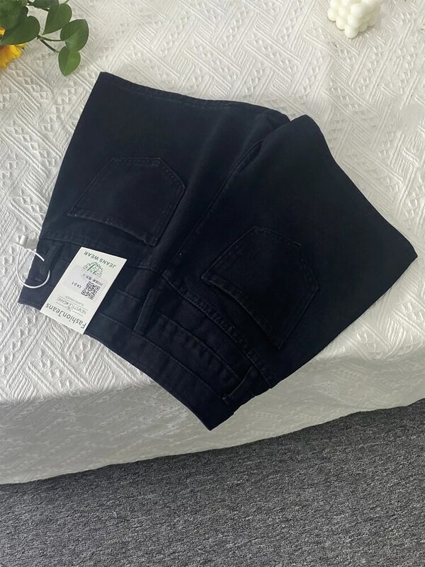 سراويل جينز نسائية ضيقة باللون الأسود من نوع قوطي سراويل جينز كلاسيكية من هاراجوكو جوث Y2k ملابس خروج عالية الخصر سراويل صيفية بساق واسعة