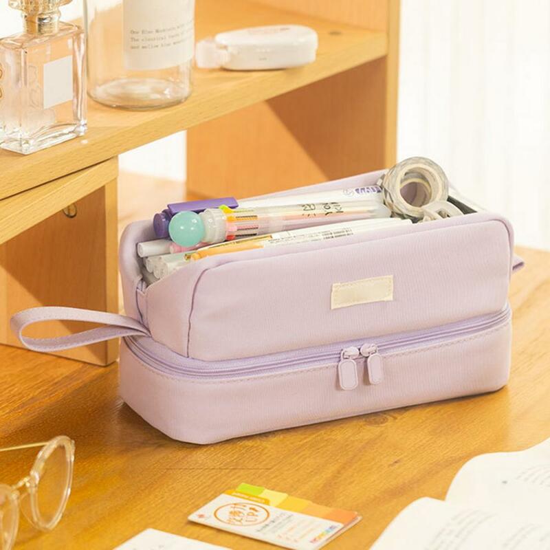 Pencil Bag With Zipper Dual Layer Large Capacity Wear Resistant Pencil Case Organizer Pen Makeup Brush Holder