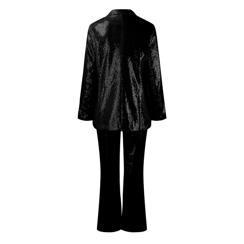 Conjunto de calças e blazer de lantejoulas de manga comprida feminino, calça larga de cintura alta, terno sólido feminino, moda, primavera, 2021, 2 peças
