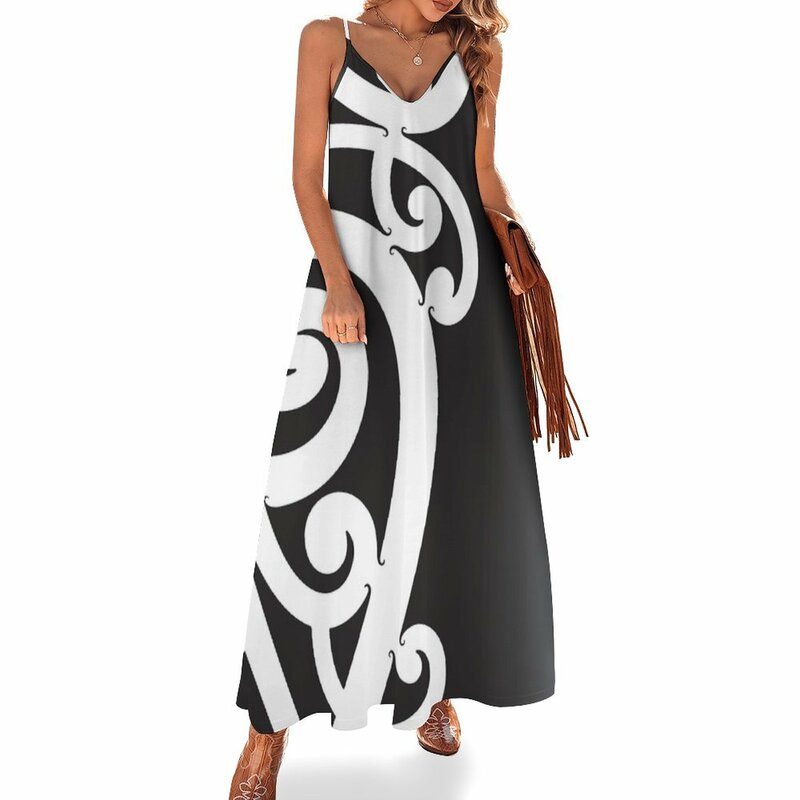 Gaun malam mewah tanpa lengan desain Maori Koru berlapis hitam dan putih untuk wanita gaun 2023 pakaian pantai