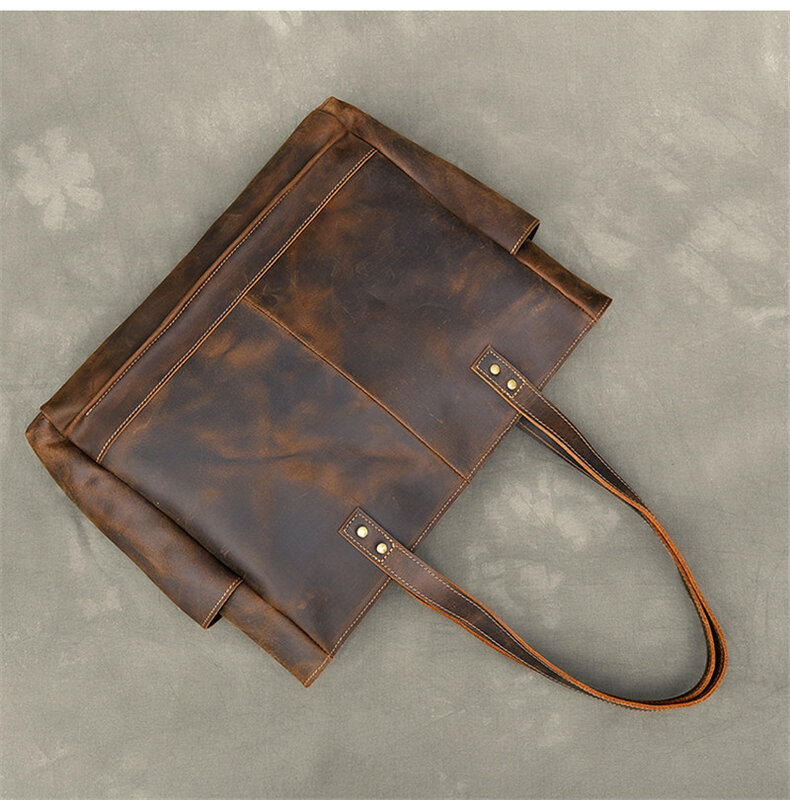 Luxury crazy horse cowhide men's handbag simple vintage tote bag fashion natural genuine leather large capacity shoulder bag
