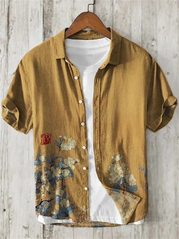 Hawaiian Shirt with Bamboo Joint, Plum Blossom, Sunrise Print, Japanese Art Linen, Leisure Holiday,  Cardigan, Flip Collar, New