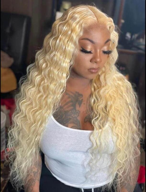 40 inch full brazilian deep wave 613 ash blonde kinky curly glueless prepluck wigs 13x6 hd lace frontal human hair wig for women
