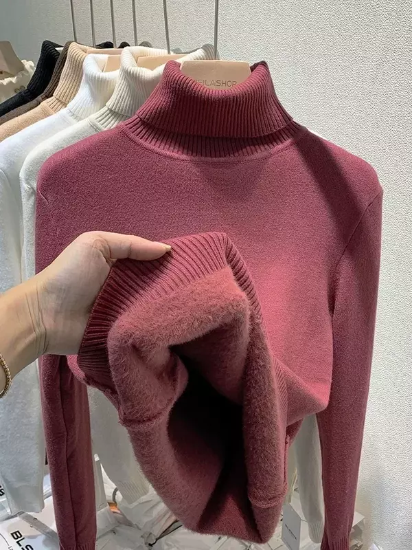 Turtleneck Sweater rajut untuk wanita, sweter rajut beludru tebal elegan musim dingin, Sweater Pullover rajut, atasan ramping untuk wanita