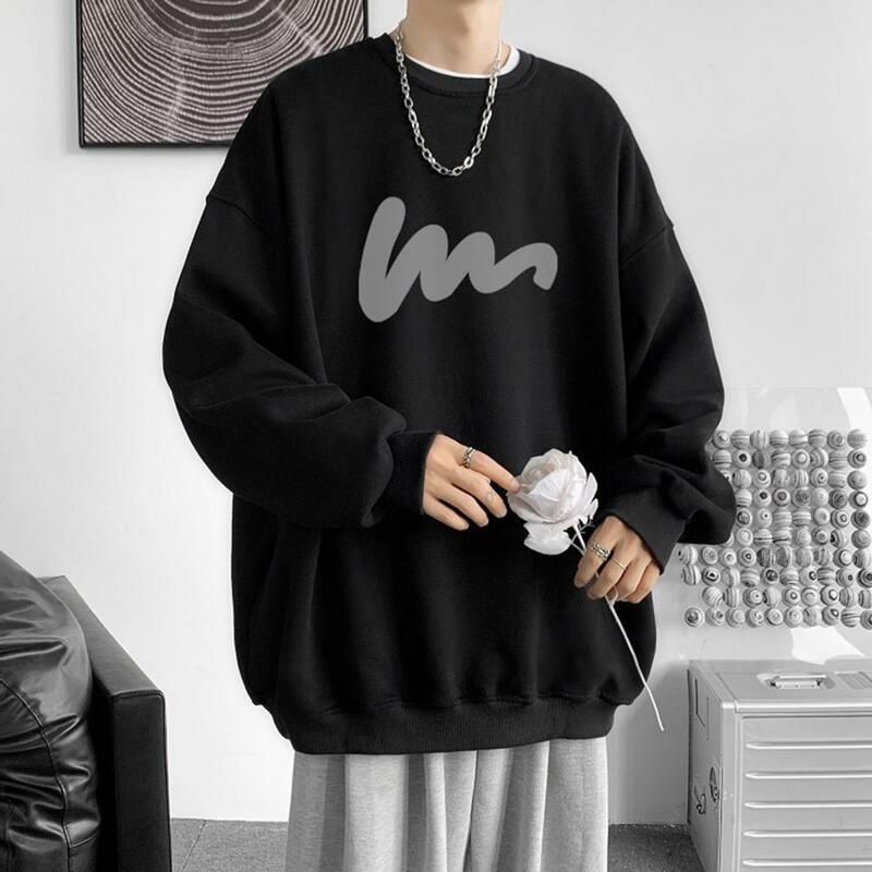 Soft Men Sweatshirt Men's Fall Winter Streetwear Sweatshirt with Solid Color Print Loose Round Neck Elastic Cuff Thick for Mid