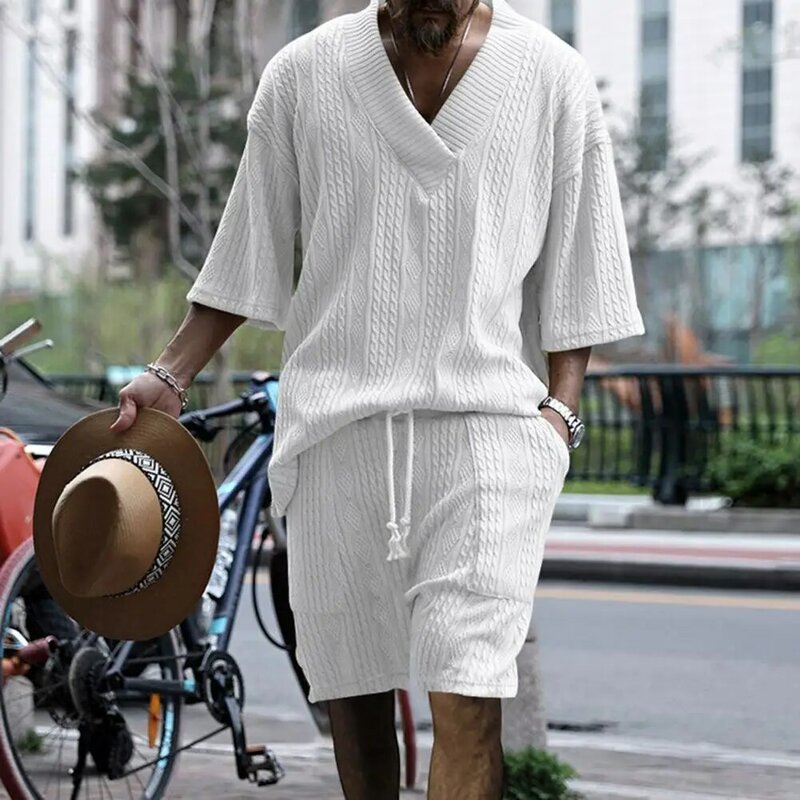Comfortable Men Workout Clothes Men's Summer V-neck T-shirt Drawstring Shorts Set with Pockets Solid Color Knit for Comfort