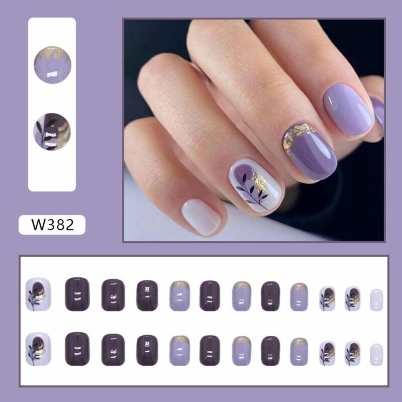 24pcs Detachable Fake Nails Retro Blue Purple Press on Nails French Gold Foil Glitter False Nails Short Square Nail Tips