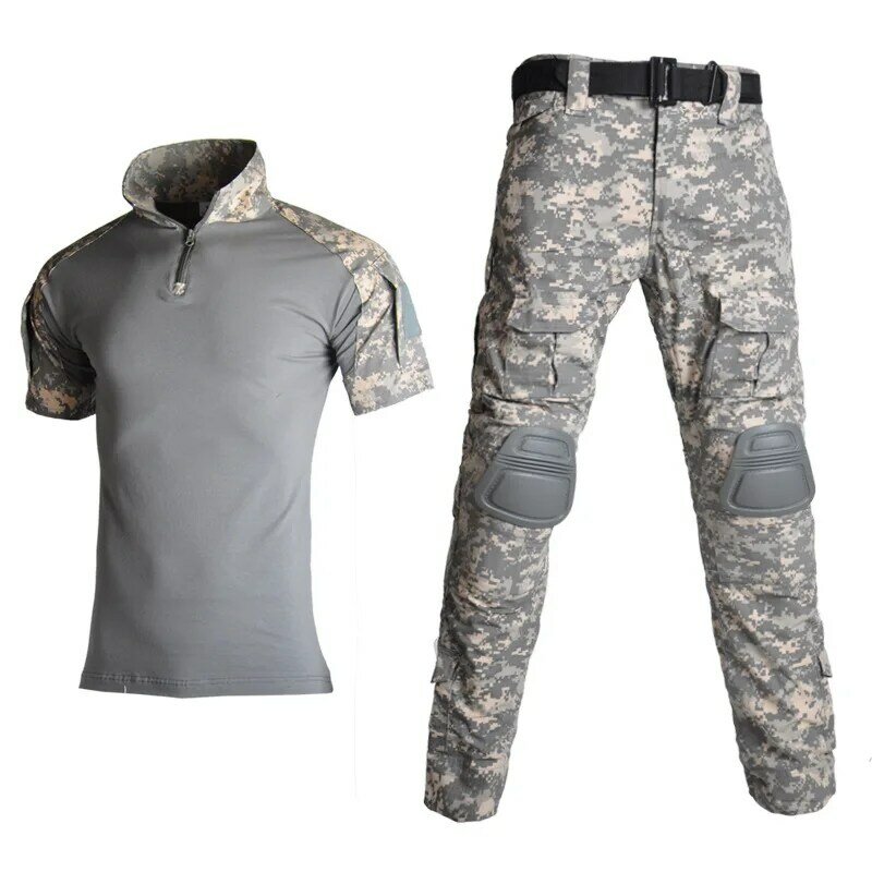Man Camouflage ยุทธวิธีสูทเสื้อยืดเข่า Pad เดินป่า Combat เสื้อกางเกงชุดทหาร Softshell Airsoft Fish Camp กบ USA