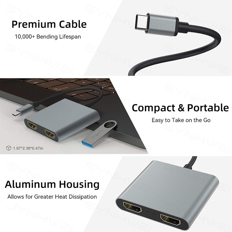 2 Cổng USB C Hub Chia Đôi HDMI-4K 60HZ Đôi Màn Hình Mở Rộng Loại C Đế Cắm Cho Macbook Laptop điện Thoại Di Động Máy Tính