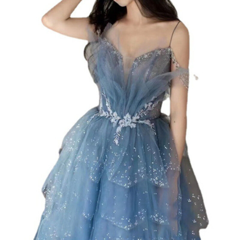 LANMU 2024 вечерние платья с 3D цветами и блестками для выпускного вечера пыльная синяя Тюлевая многослойная юбка на тонких бретелях длинное платье с сердечком платье