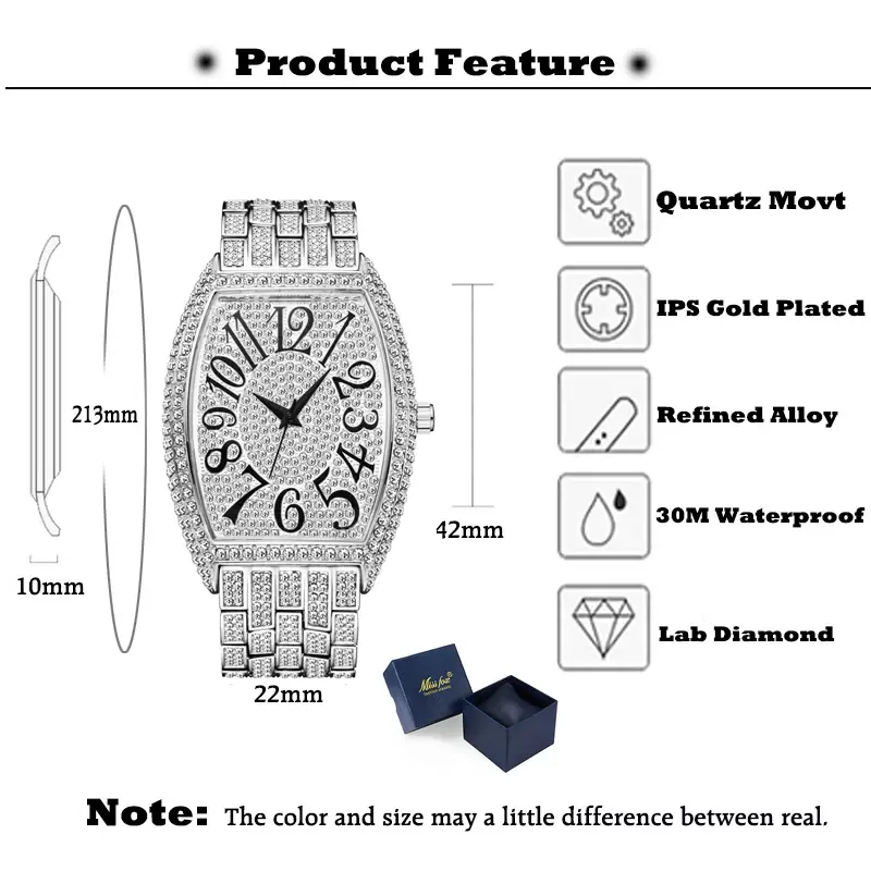 Iced Out zegarek dla mężczyzn srebrny ze stali nierdzewnej mężczyzna zegarka Hip Hop kwarcowy zegarek klasyczny Tonneau pełny diamentowy zegarek człowiek zegar