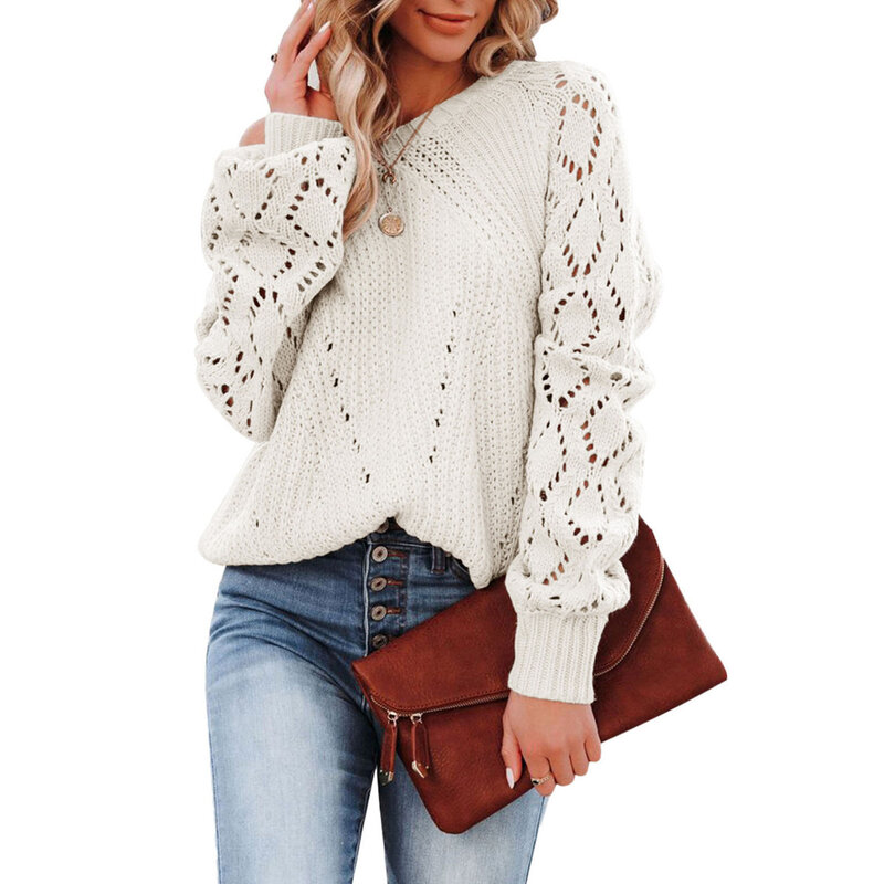 여성 할로우 패턴 라운드넥 스웨터, 단색 루즈핏 상의, 가을 겨울 신상