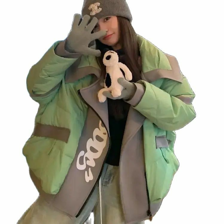 Jaqueta de puffer quente grosso feminino com zíper, jaqueta de pato branco, carta impressa, solta, inverno
