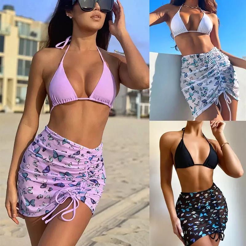 Conjunto de Bikini de 3 piezas para mujer, traje de baño Sexy de cintura alta, ropa de playa femenina, minibañador de verano, Vestido de playa con Tanga 2024