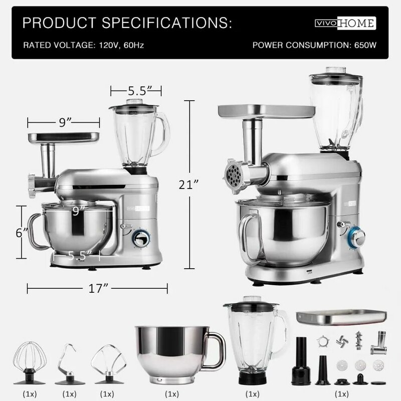 3 in 1 Multifunctional Stand Mixer with 6 Quart Stainless Steel Bowl, 650W 6 Speed Tilt-Head Meat Grinder, Juice Blender,