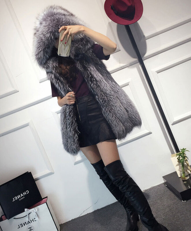 Chaleco con capucha de piel de zorro sintética para mujer, chaleco de piel todo en uno con costura de visón, chaleco de moda atmosférica