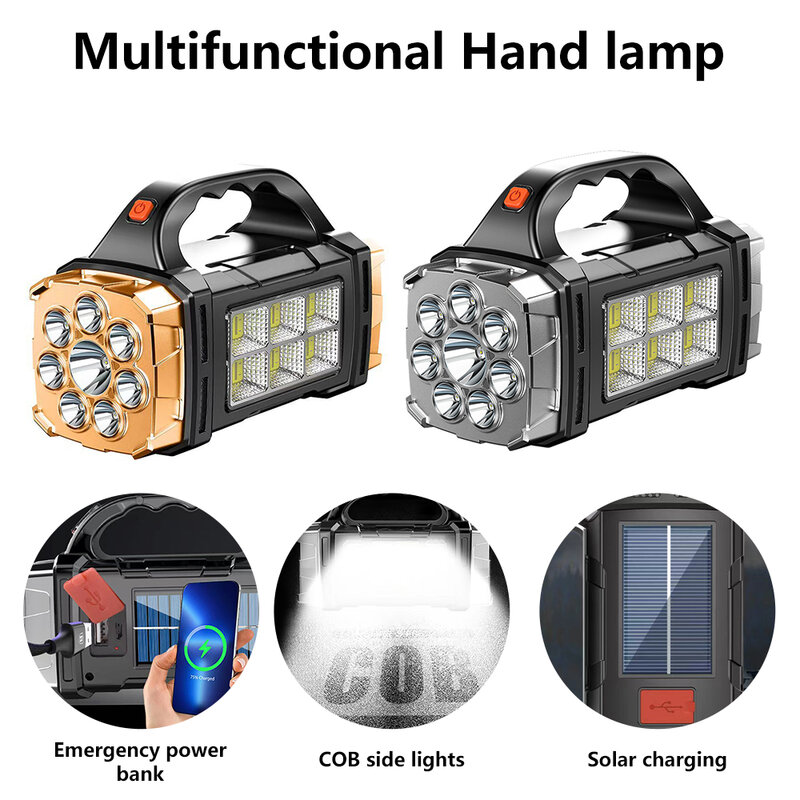 Solar LED Flashlight with COB Side Lamp USB Charging Camping Lantern Searchlight Hand Torch Outdoor Work Light Emergency Lamp
