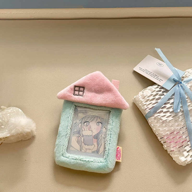 MINKYS Kawaii House Shape Fluffy 3 inch Kpop Photocard Holder Photo Card Holder Bag Pendant School Stationery