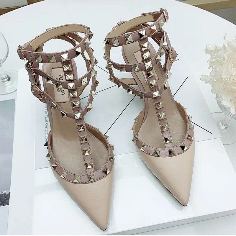 Summer Pointy Sexy Women's Strapping Sandals Leather Matte Roman Metal Rivet High Heels Party Versatile Women's Stiletto Shoes41