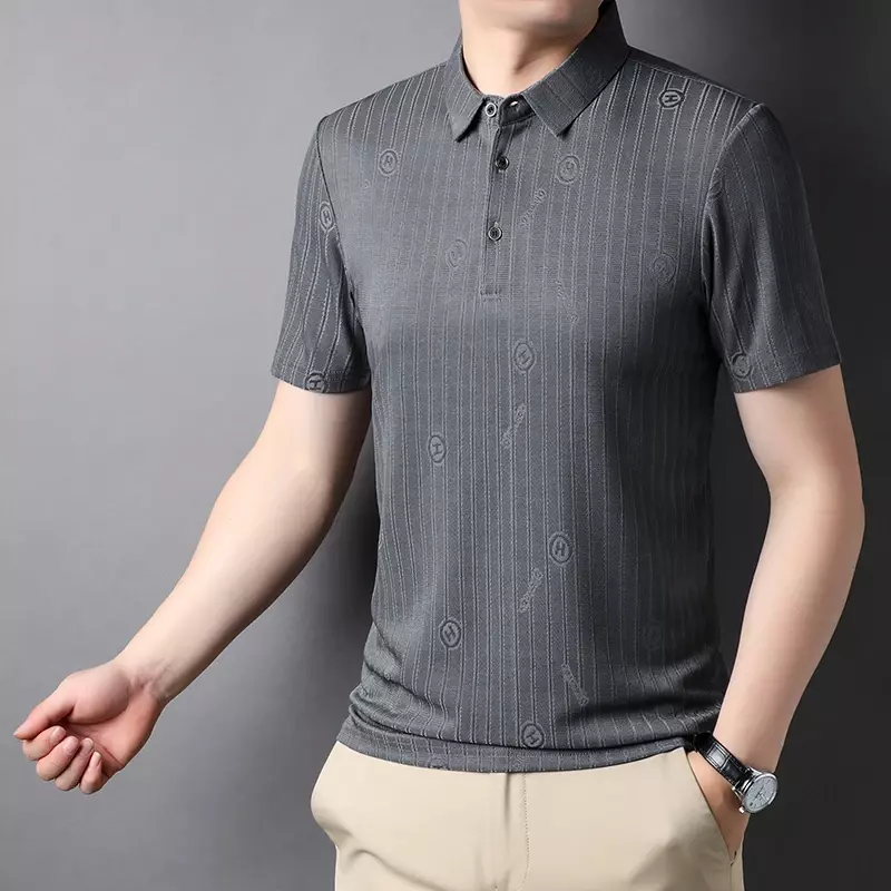 T-shirt de manga curta masculina com seda gelada, blusa casual, lapela sem ferro, sensação legal