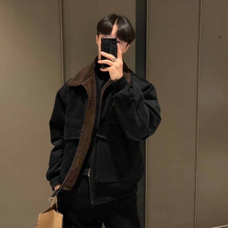 Kurtka zimowa męska ciepła moda pogrubiona czarna jagnięca kurtka męska Streetwear koreańska luźny, gruby krótka kurtka męska M-2XL