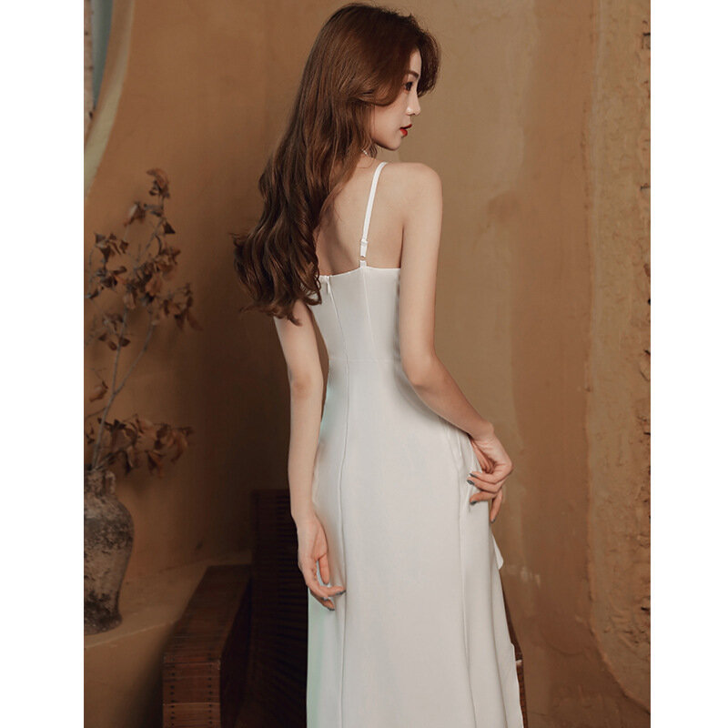 Vestido de noiva sem encosto com zíper, plissado simples, vestido sem alças, sem mangas, cinta de espaguete, robe na altura do joelho, 2022
