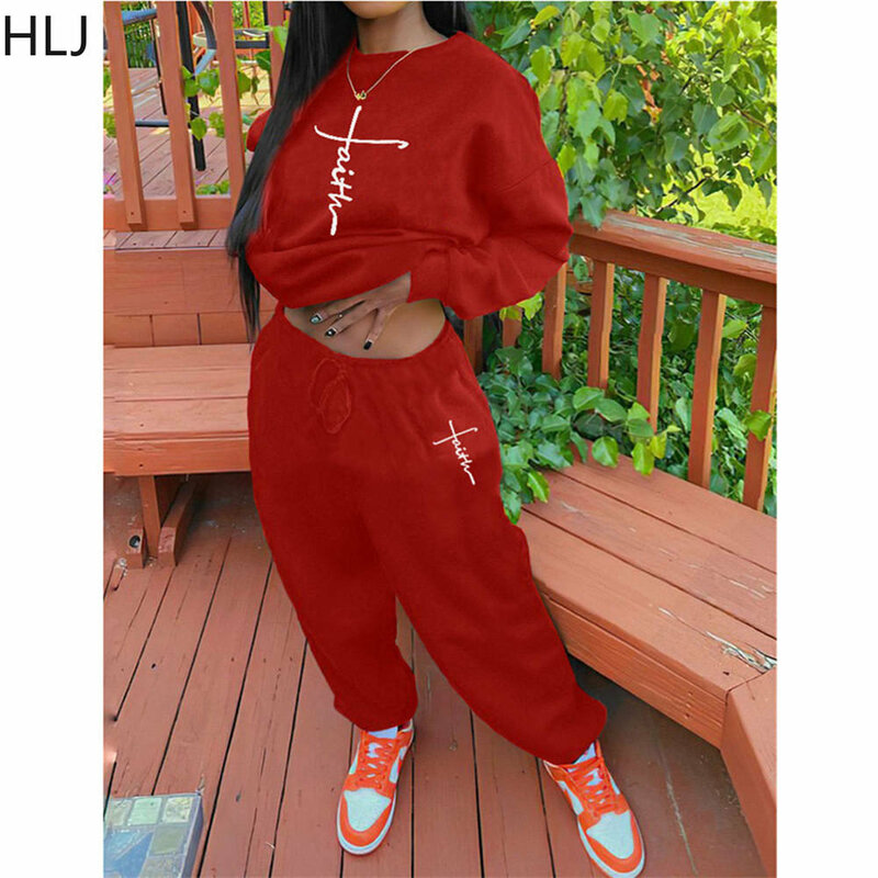 HLJ Fall Winter Jogger Pants Two Piece Sets Women Round Neck Long Sleeve Pullover And Pants Tracksuits Casual Print 2pcs Outfits