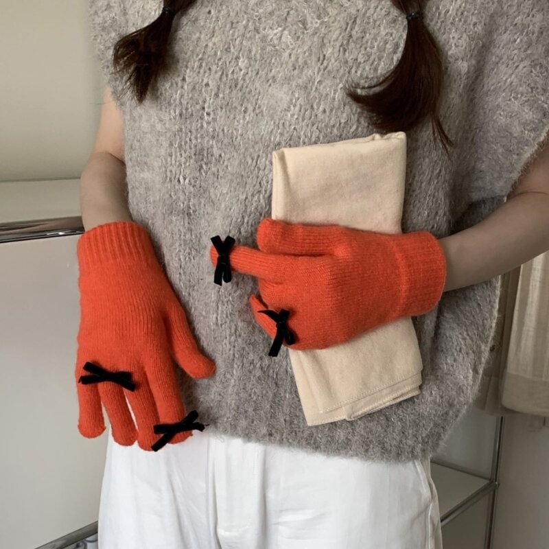 Guanti invernali per ragazzi con intere con decorazioni a fiocco piccolo in maglia per mantenere caldi i guanti H9ED