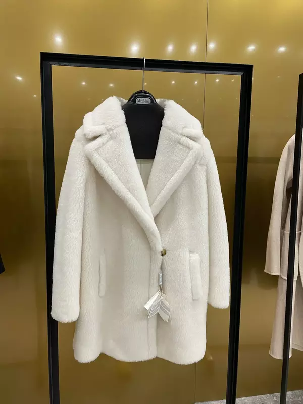 Casaco de pelúcia curto Max feminino, 62% alpaca, 26% lã, 12% seda, casaco grosso de inverno